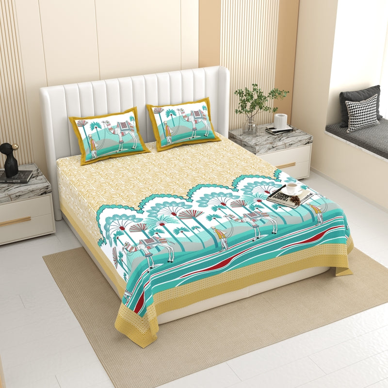 Rangriti Figure Print Cotton Bedsheet (Yellow) - 120 TC - King