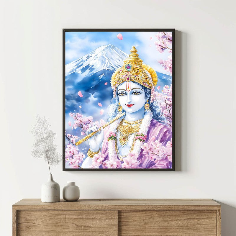 Govardhana Giridhari Spiritual Archival Paper Wall Painting With Frame - Black