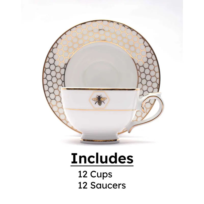 Gilded Bee 24k Gold Brushed Porcelain Tea Cup & Saucer (300 mL) - Set of Six media 4