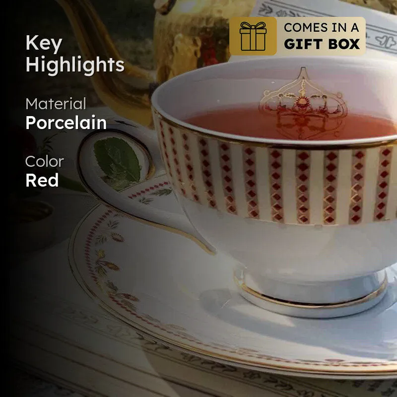 Gilded 24k Gold Brushed Porcelain Tea Cup & Saucer (300 mL) - Set of Six media 2