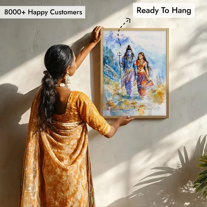 Gangadhara Parvati Spiritual Archival Paper Wall Painting - Natural Brown Frame media 7