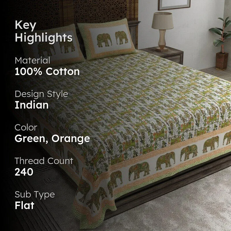 Heritageix Cotton Bedsheet (Green,Orange) - 240 TC media 2