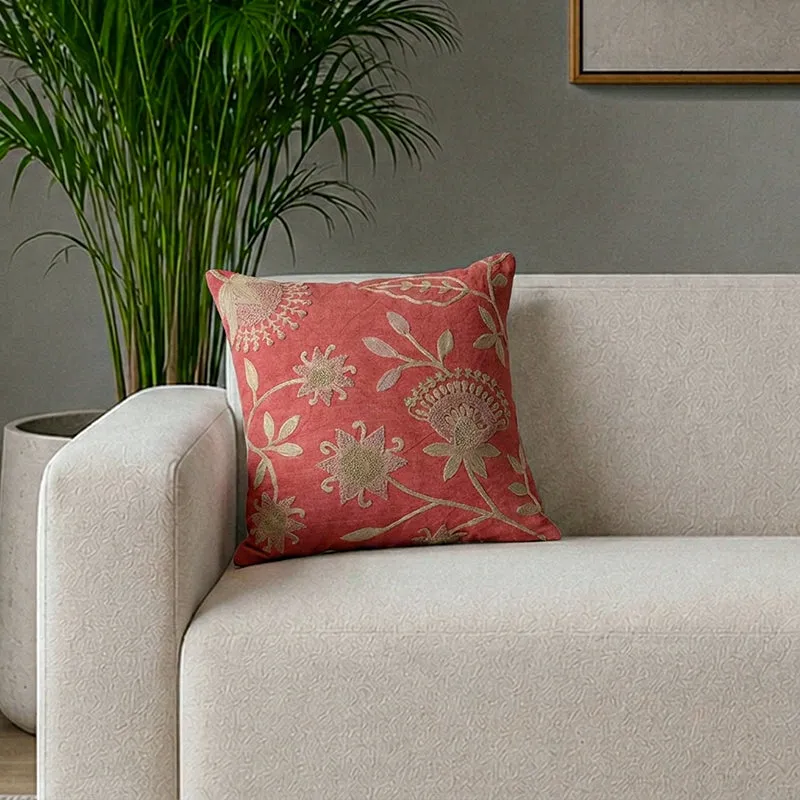 Ruby Buds Embroidered Cotton Cushion Cover media 1