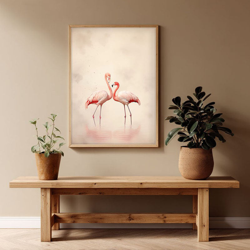 Flamingo Flo Archival Canvas Wall Art - Natural Brown Frame