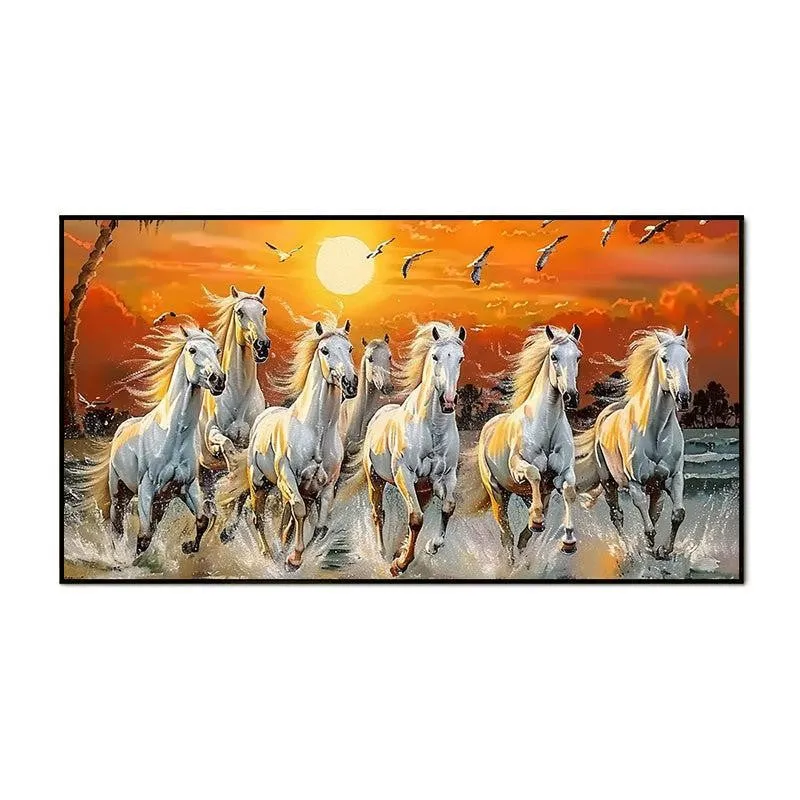 Front view of rectangular black-framed painting with white horses and orange sky