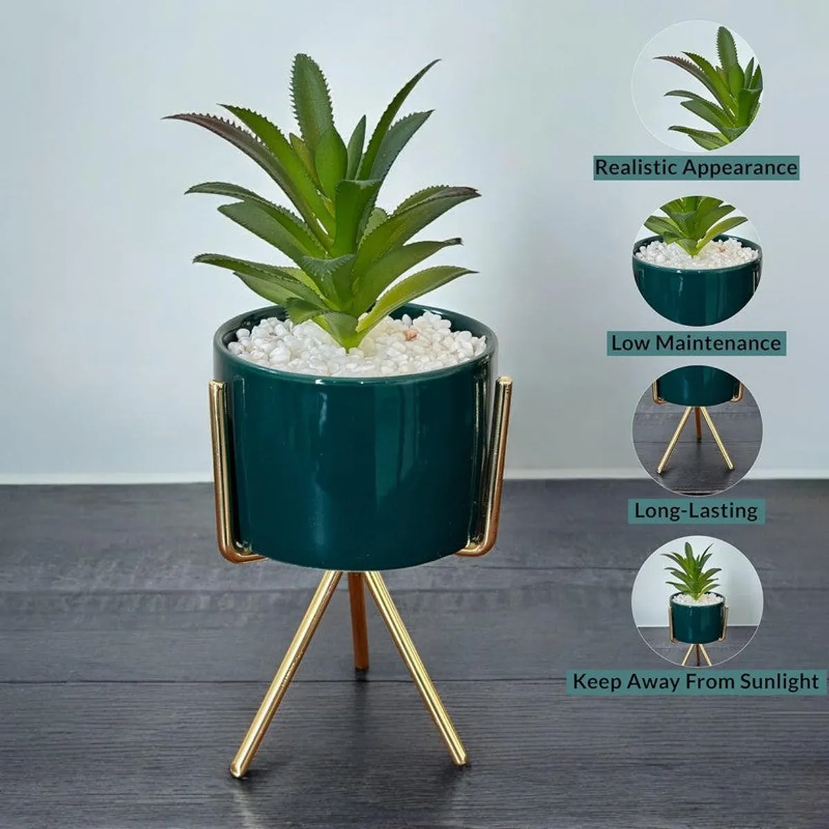 Green planter with artificial plant shown with realistic appearance and low-maintenance callouts