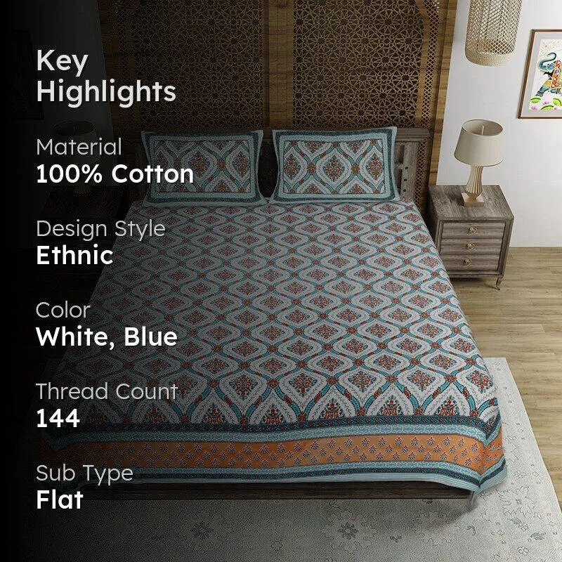 Dayalu Ethnic Cotton Bedsheet (Blue,Orange) - 144 TC media 2