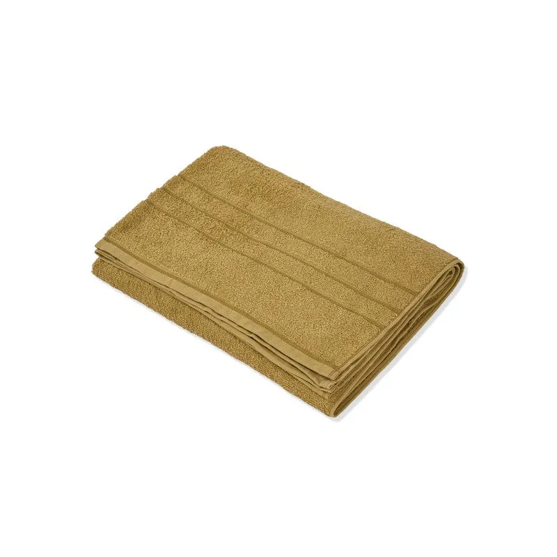 Folded olive green bath towel on a white background