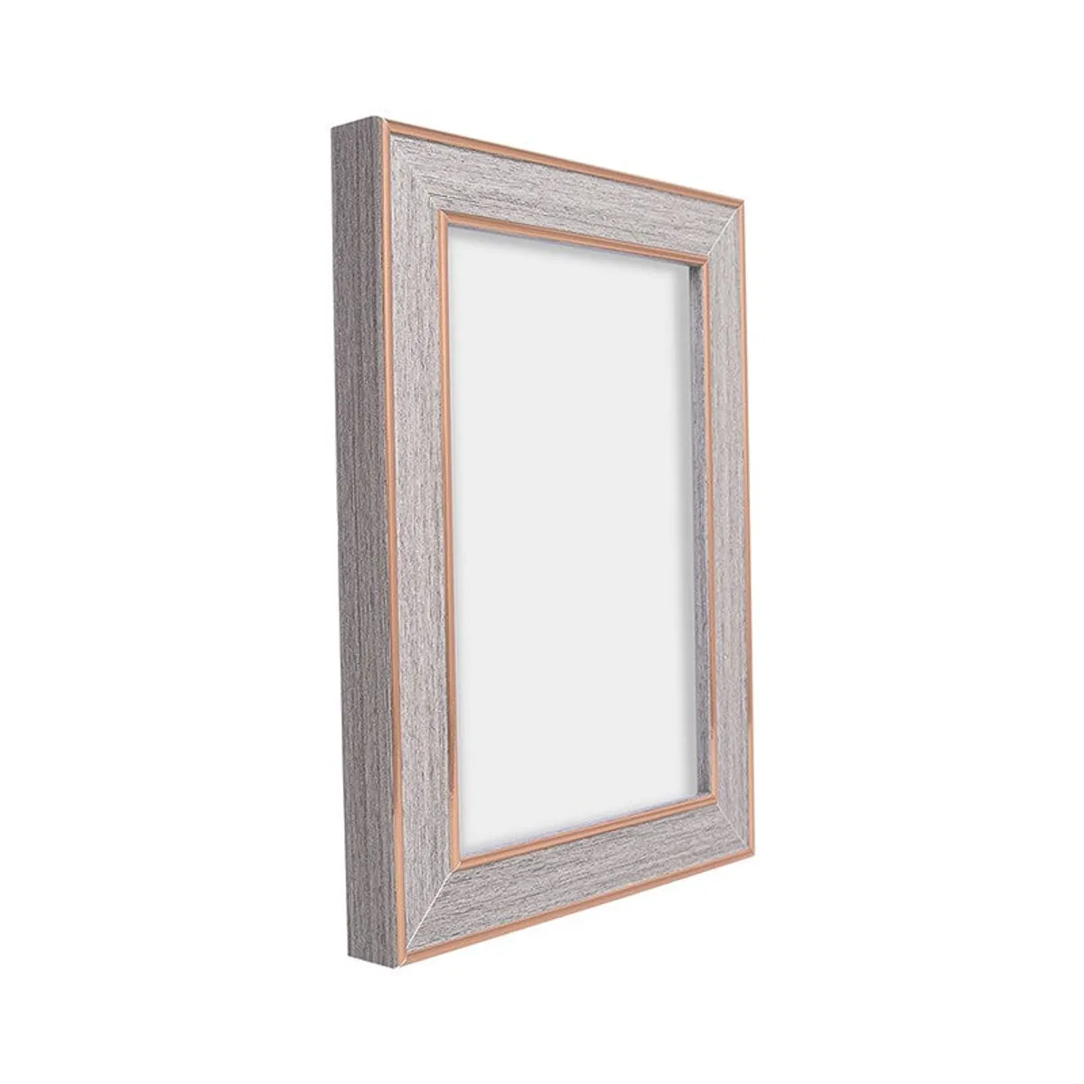 Angled side view showing the depth of a grey and gold rectangular photo frame