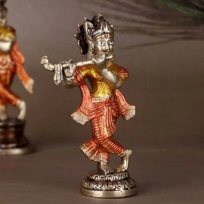 Colourful Krishna Brass Idol With Flute media 3