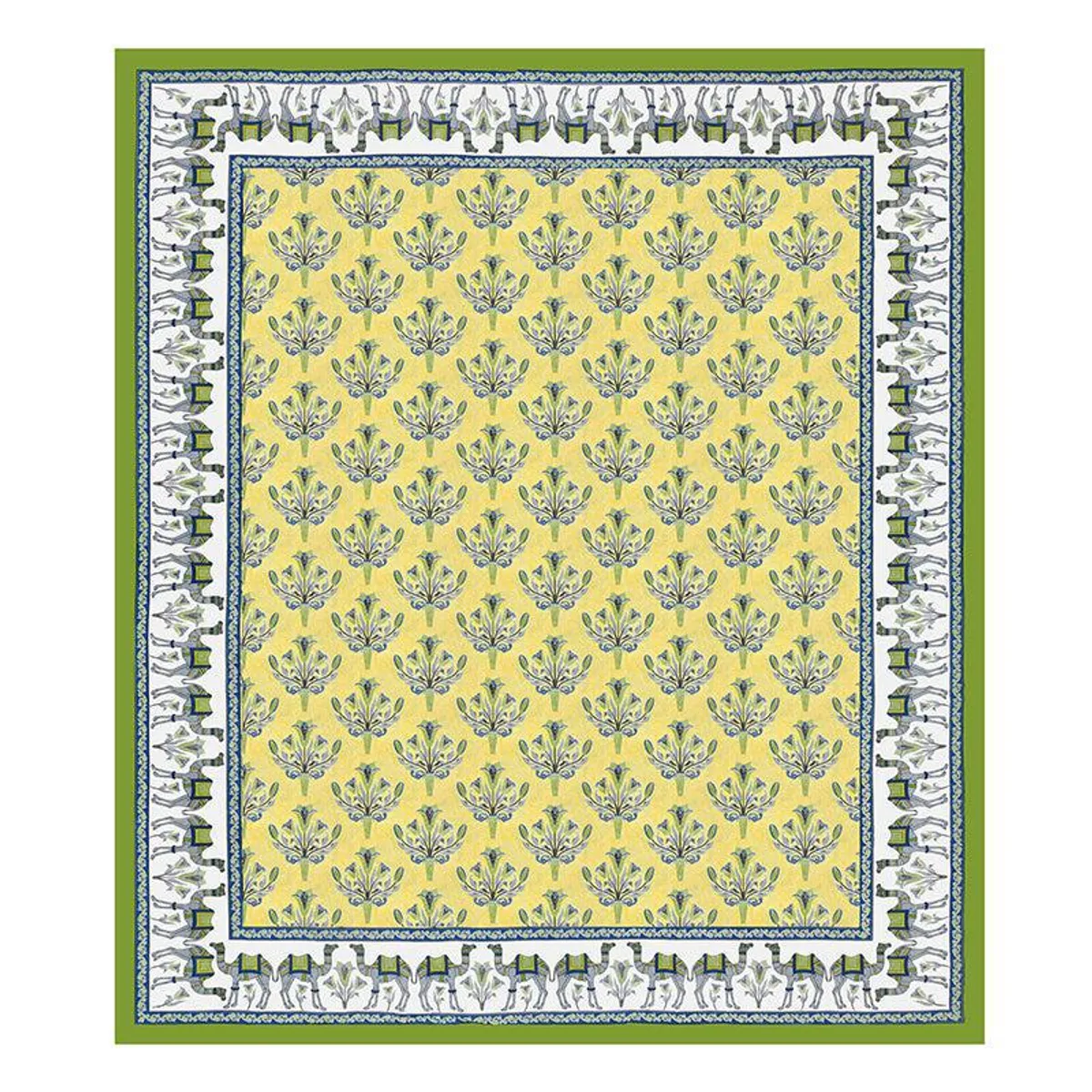 Flat lay showing yellow bedsheet with floral centre and elephant border