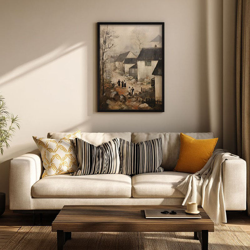 Winter Cottages Archival Canvas Wall Art - Black Frame