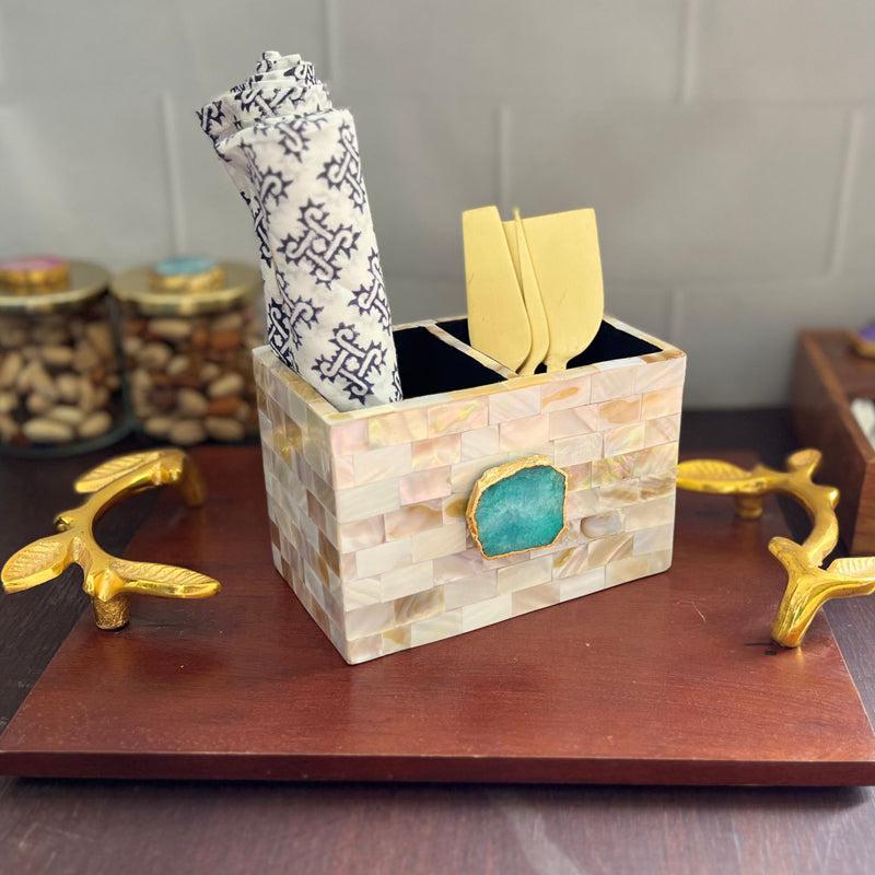 Suzzaine Handcrafted Mother Of Pearl & Agate Cutlery Holder - Green & Beige media 3