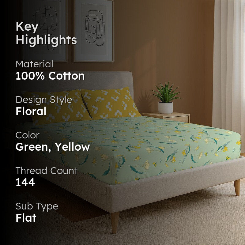 Lime Sunshine Floral Cotton Bedsheets (Green & Yellow) - 144 TC media 2