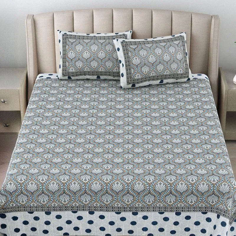 Triveni Treasure Ethnic Cotton Bedsheet (Grey) - 140 TC media 1