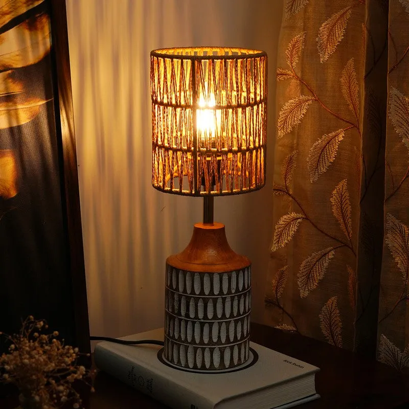 Canegrid Wooden Base Cotton Table Lamp - Beige media 1