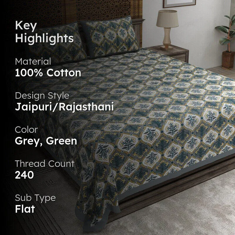 Nesty Cotton Bedsheet (Grey,Green) - 240 TC media 2