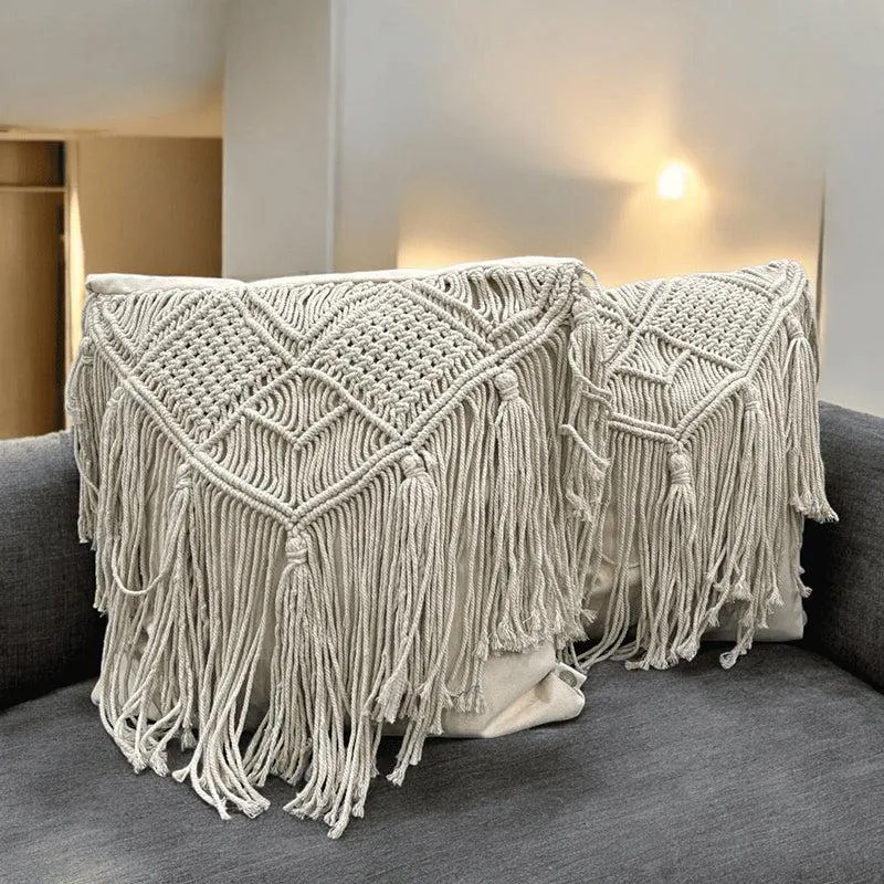 Earth & Twine Macrame Fringed Cotton Cushion Cover - Set Of Three media 3