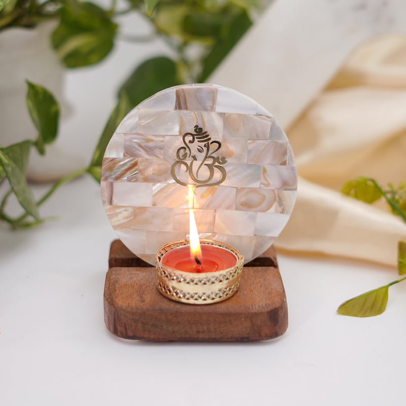 Ganesha Mother Of Pearl Religious Accent With Tealight Candle Holder