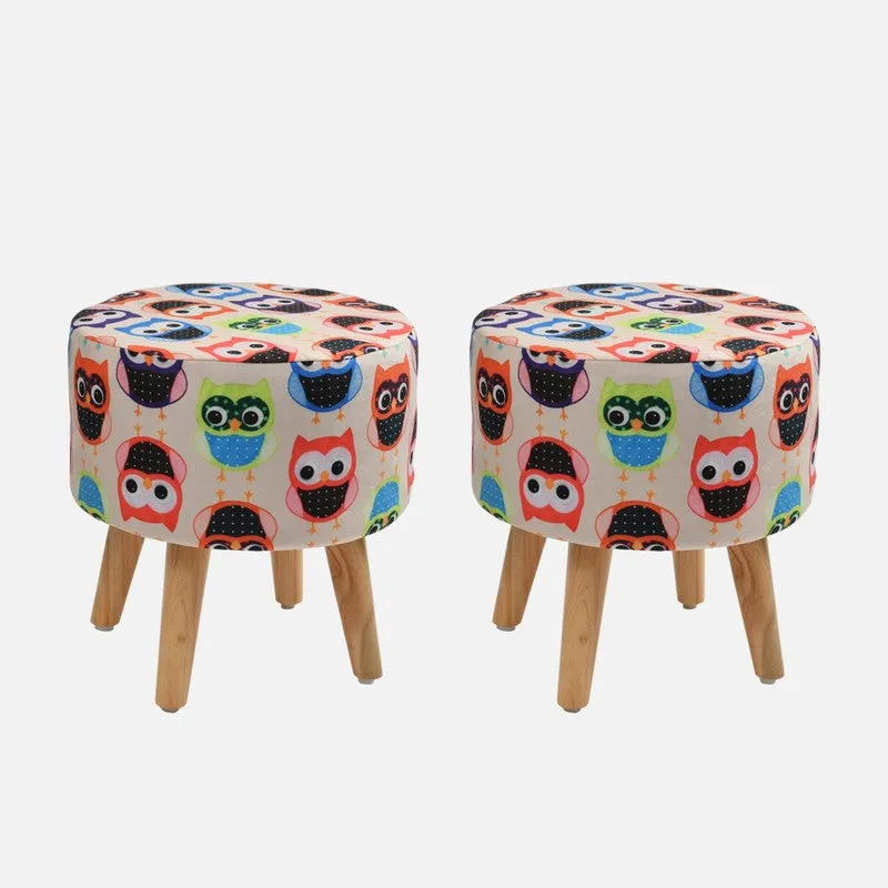 Hootsy Owl Print Multicolor Engineered Wood Ottomans - Set Of Two media 3