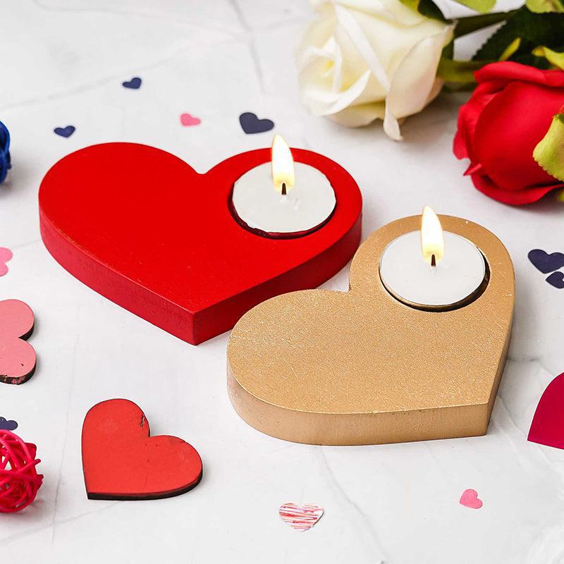 Heart & Flame Wood Tea Light Holder - Set Of Two