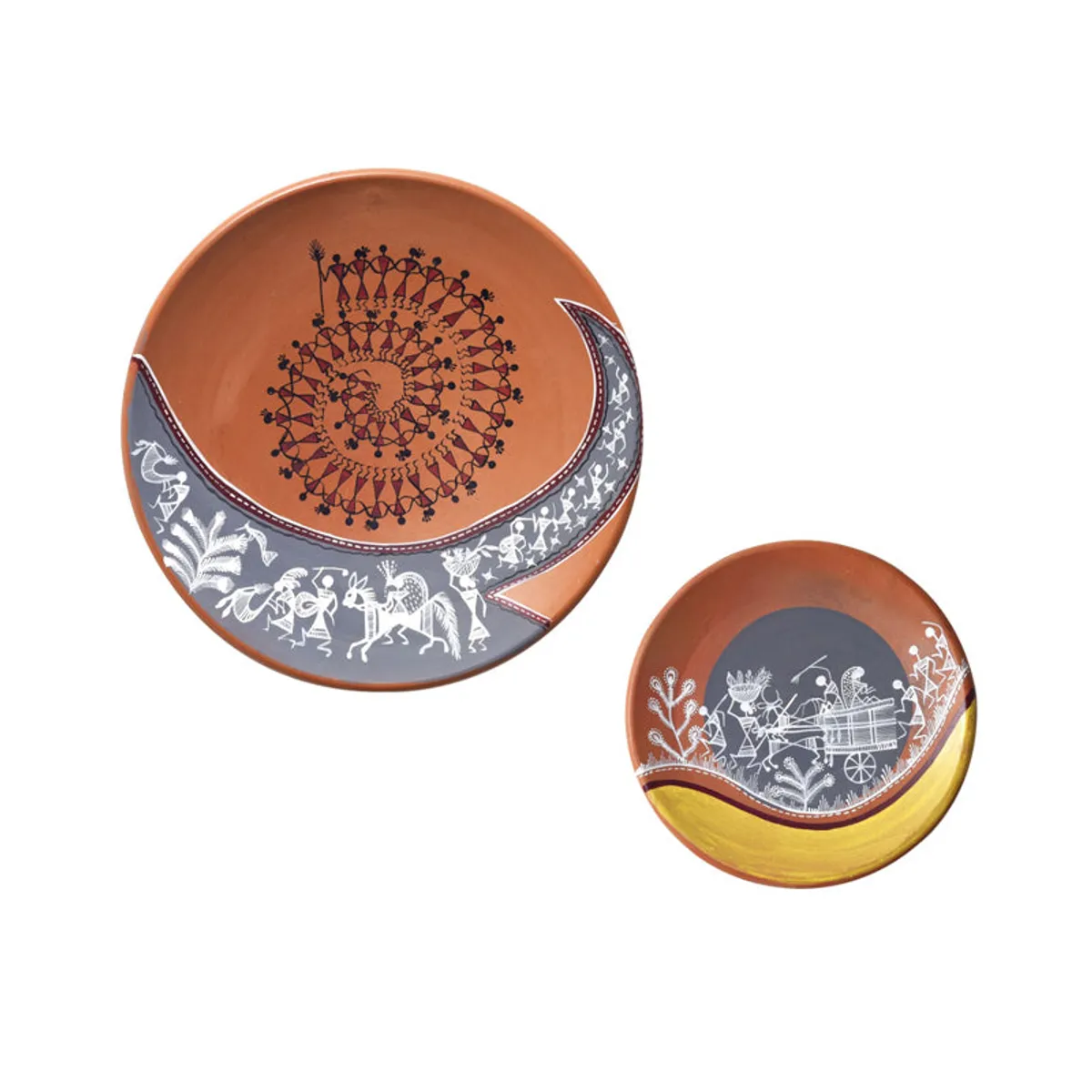 Set of two terracotta wall plates with Warli-style tribal art in brown, grey and yellow