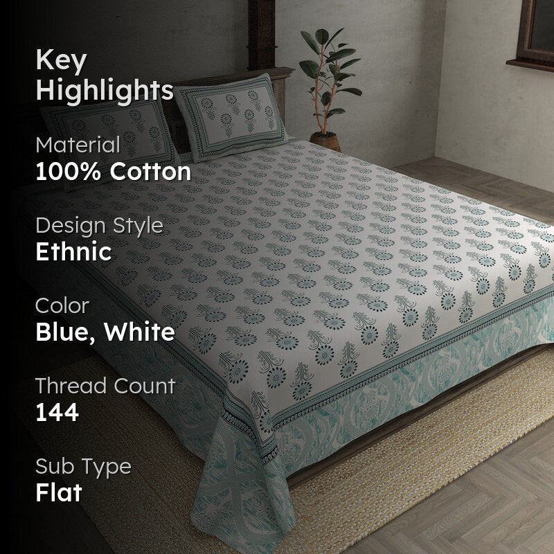 Ananya Floral Printed Cotton Bedsheet (Blue) - 144 TC media 2