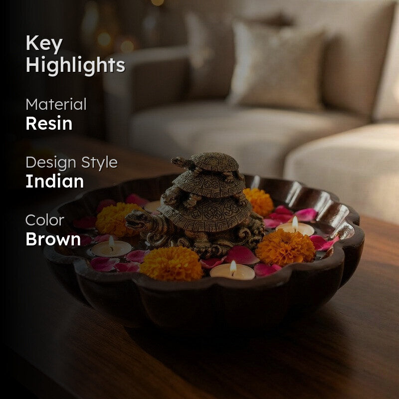 Sacred Three Tortoise Motif Resin Urli - Brown media 2