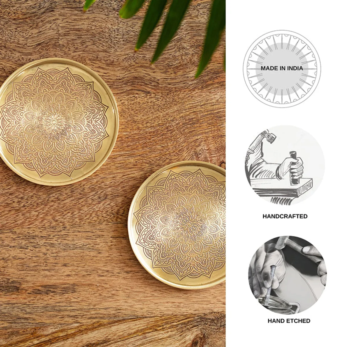 Two gold brass coasters with mandala detailing beside decorative circular illustrations.