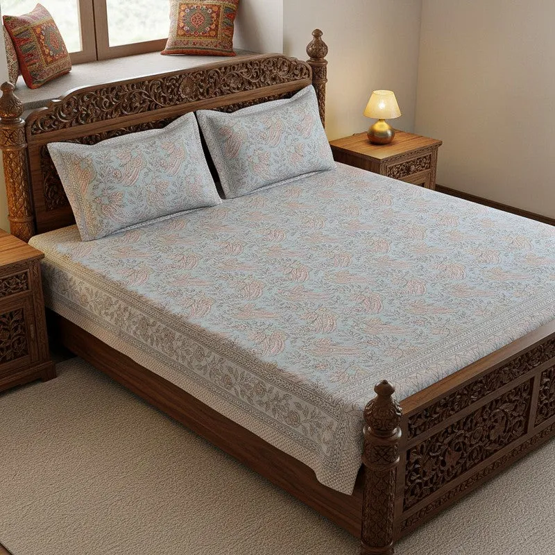 Irava Floral Cotton Bedsheet (Blue) - 144 TC media 1