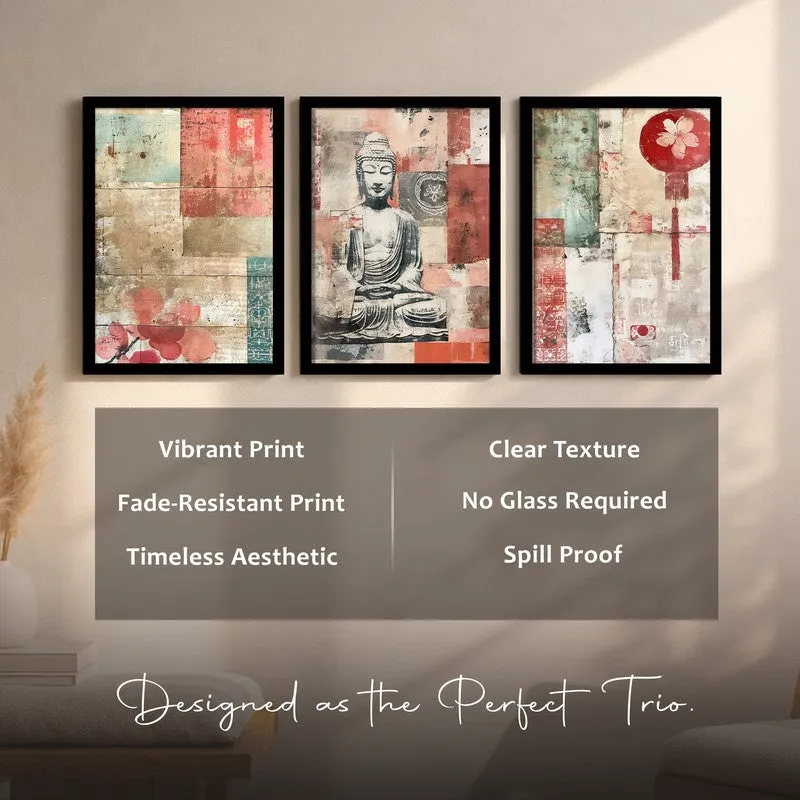 Gautam Buddha Floral Paper Wall Painting With Frame - Set Of Three media 8