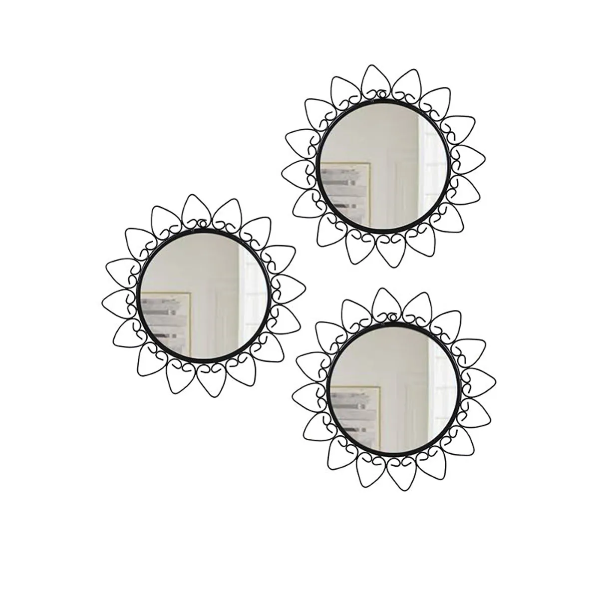 Three round black mirrors arranged on a white background