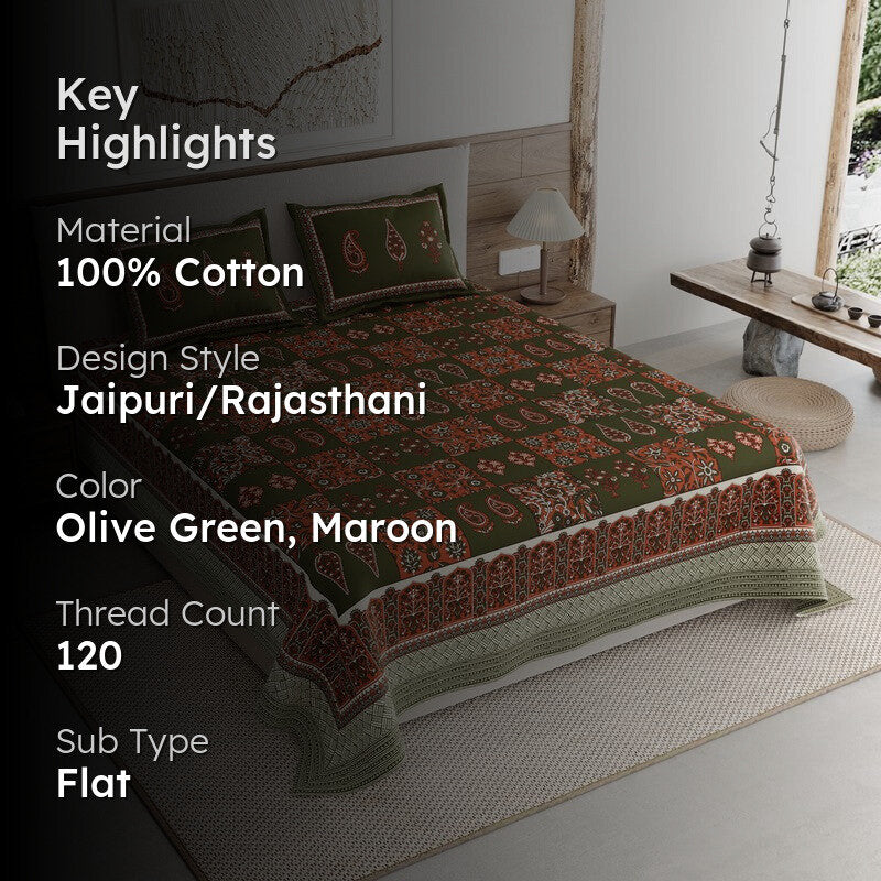 Jaipur Charm Cotton Bedsheet (Olive Green,Maroon) - 120 TC media 2