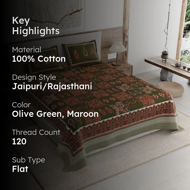 Jaipur Charm Cotton Bedsheet (Olive Green,Maroon) - 120 TC media 2