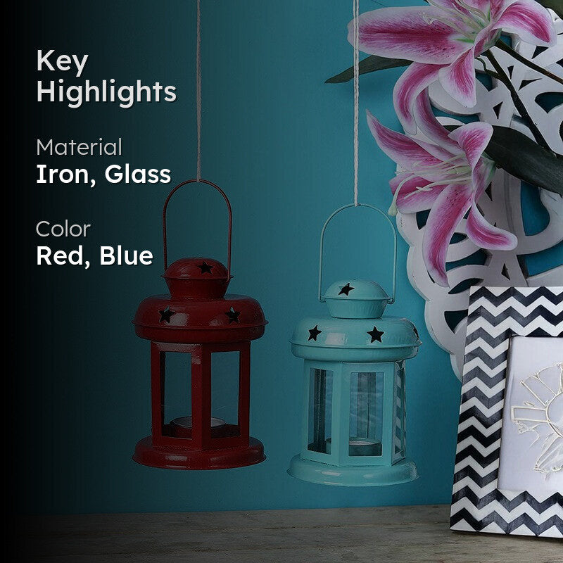 Vaira Lantern Tealight Candle Holder (Aqua Blue & Red) - Set Of Two media 2