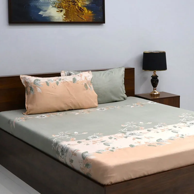 Dayita Floral Microfiber Bedsheet (Green & Peach) - 110 GSM media 3