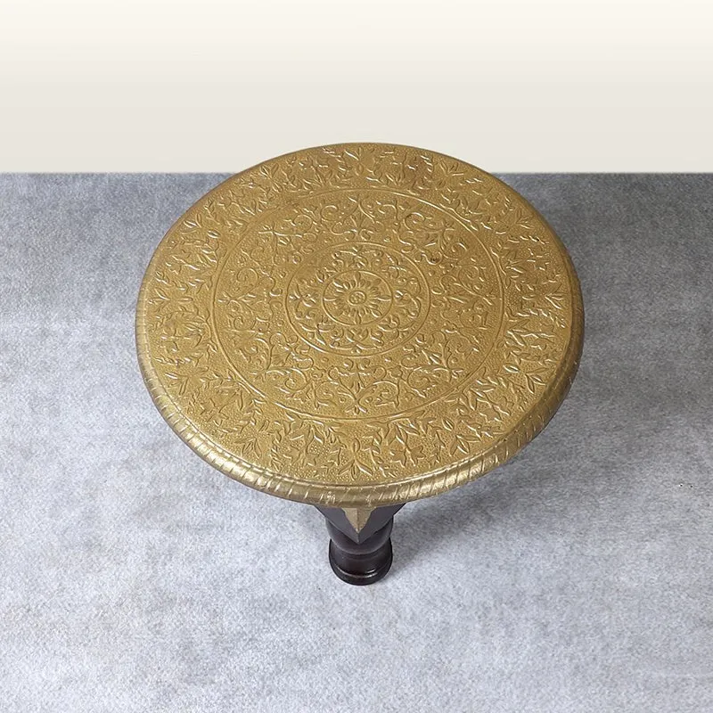 Gilded Blooms Brass Fitted Ethnic Mango Wood & MDF Stool media 1