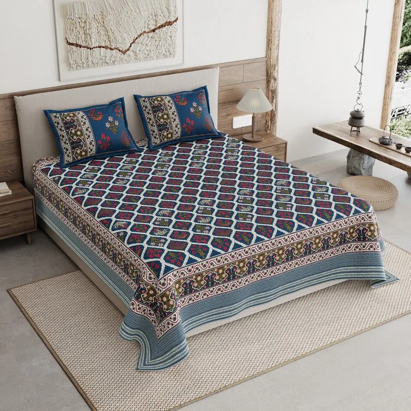 Desert Bloom Cotton Bedsheet (Blue,Maroon) - 120 TC media 1
