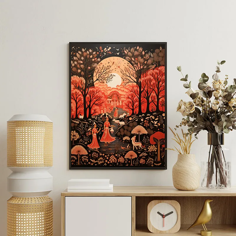 Framed multicolour wall art displayed above a sideboard with lamp, vase and flowers