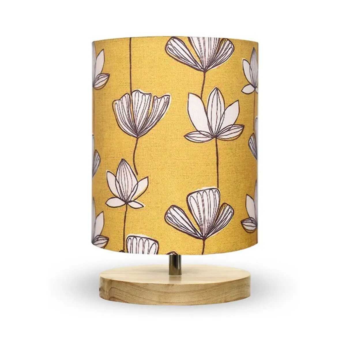 Front view of a yellow and white floral table lamp with wooden base
