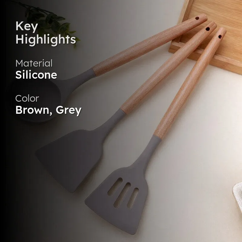 Heat (Resistant Silicone Cooking Utensil Wooden Handles) - Three Piece Set media 2