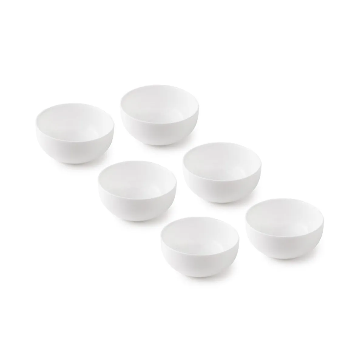 Six white round snack bowls arranged separately on a white background