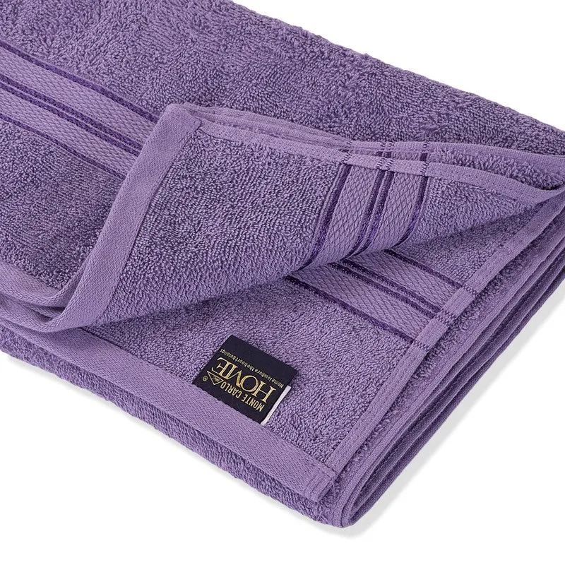 Close-up of a purple cotton towel with border detailing