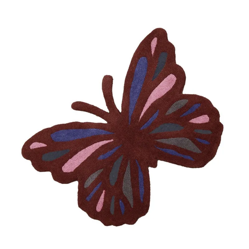 Angled view of a maroon butterfly carpet with colourful wing details