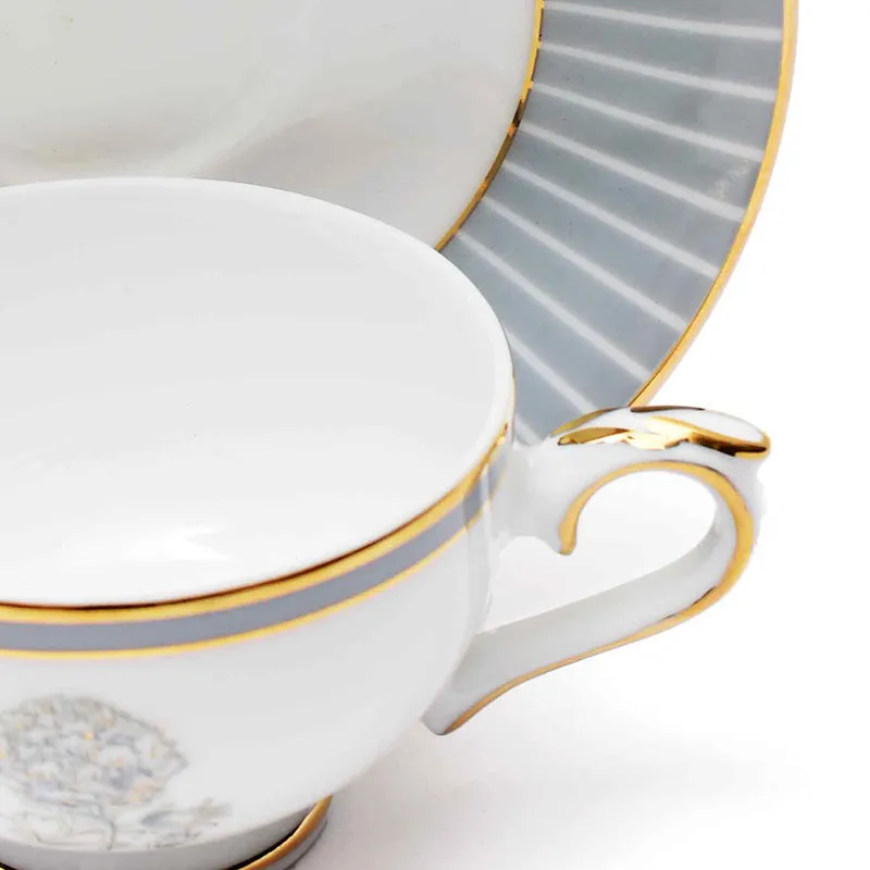 Gilded Iris 24k Gold Brushed Porcelain Tea Cup & Saucer (Grey/ 280 mL) - Set of Six media 5