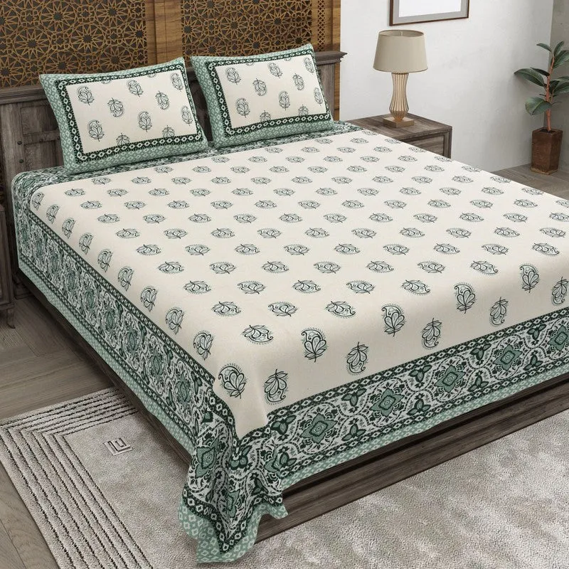 Bloomly Cotton Bedsheet (Off White,Green) - 240 TC media 1