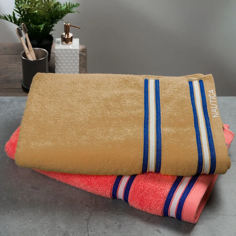 Nautica Dual Down Cotton Bath Towel (Beige & Coral) - Set Of Two media 4