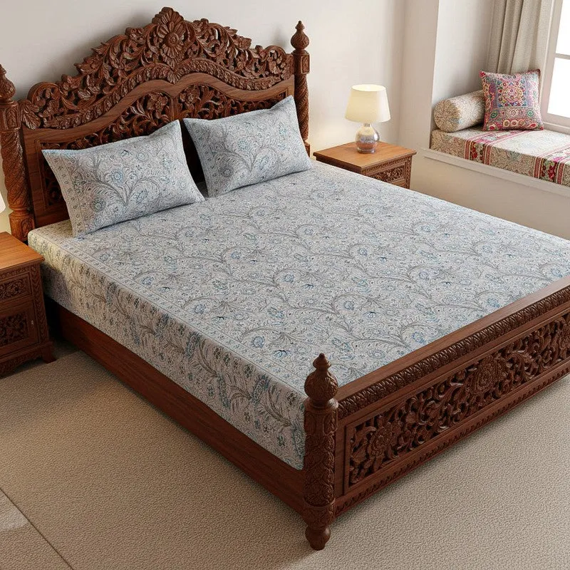Samuna Floral Cotton Bedsheet (Light Blue,Grey) - 144 TC media 1