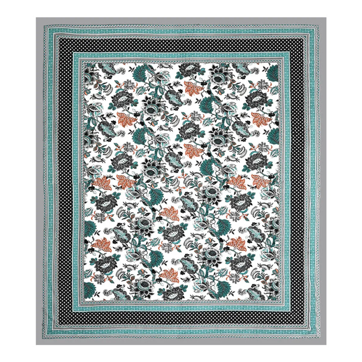 Flat lay of the floral bedsheet with blue, black and grey border