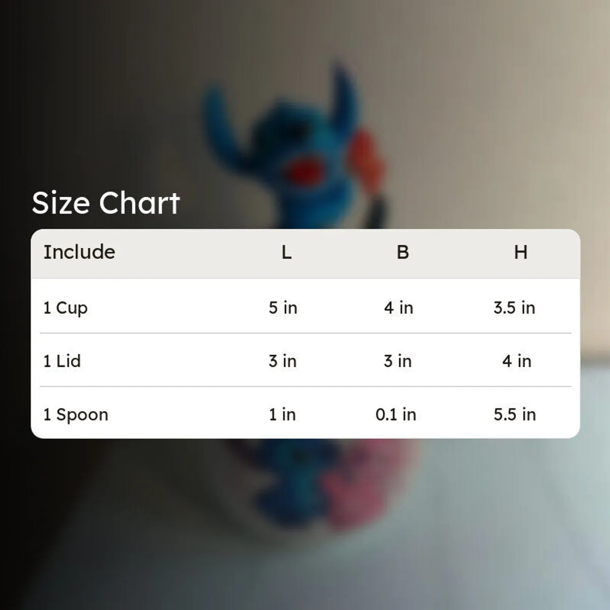 Size chart graphic for mug, lid and spoon set